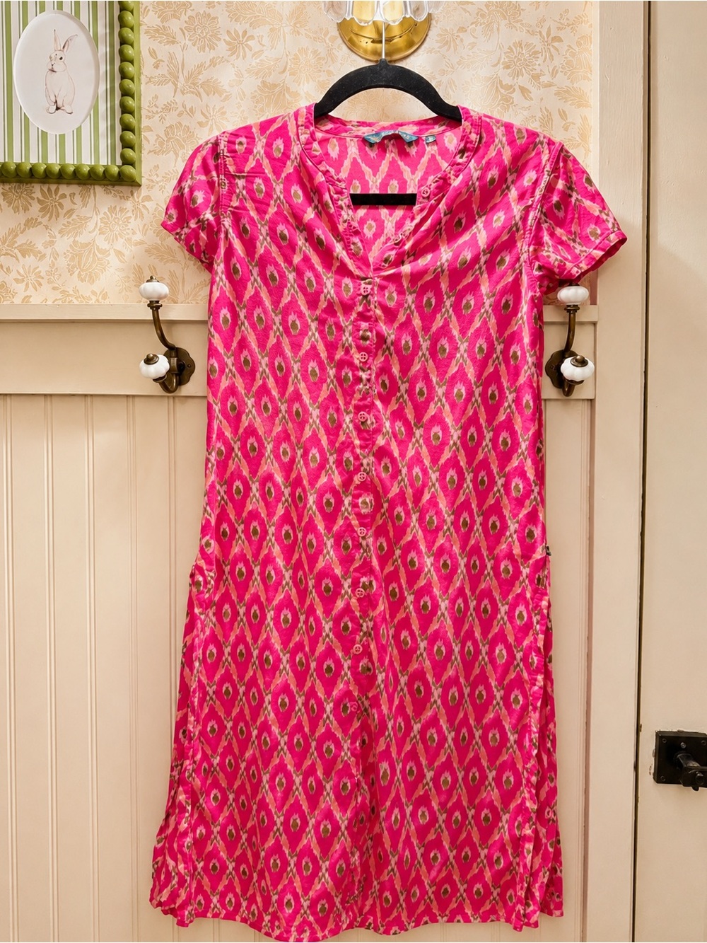 Bright Pink Ikat Print Button-Front Dress